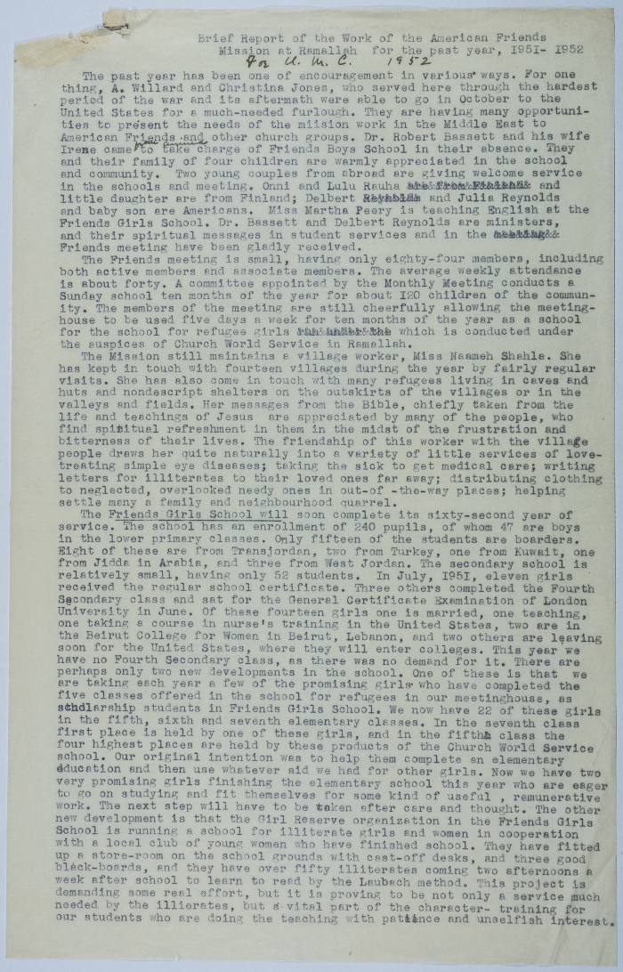 تقرير مختصر عن عمل لجنة مهمة الفرندز الامريكية في رام الله للعام 1951-52