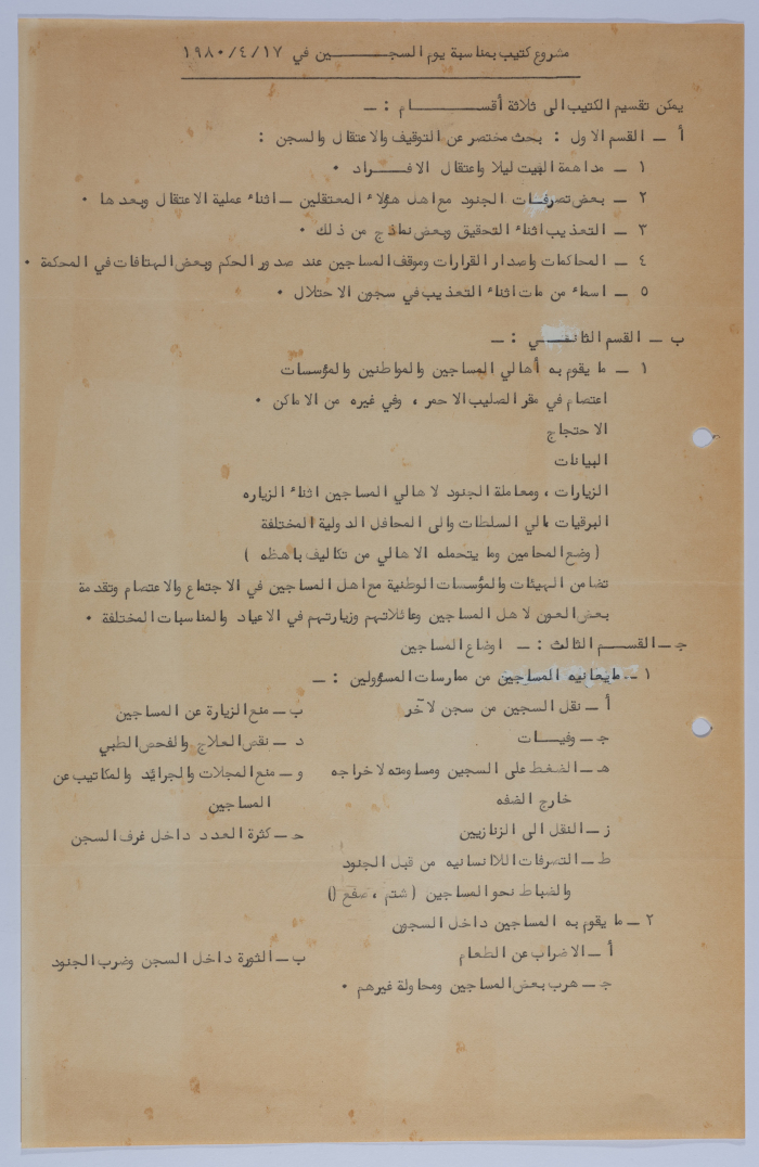 The Outline of a Booklet in Honour of the Palestinian Prisoners' Day in 1980