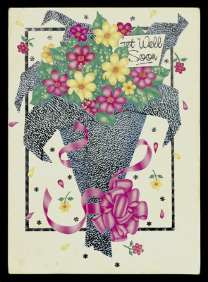 بطاقة تمني بالشفاء، أُرسلت إلى الفنان عاصم أبو شقرة