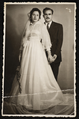 A Photograph of Newlyweds Raja’ Barquny and Awny El-Hayek in the Gaza Strip, 1957