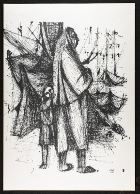 "Waiting at the Port", an Ink Sketch by Artists ʿabde ʿabed, 1973
