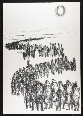 "Refugees in the Desert", a Charcoal Sketch by Artists ʿabde ʿabed, 1973