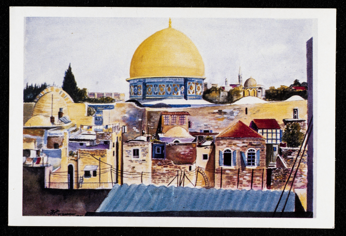 A Postcard with a Drawing of al-Quds City by Taysir Sharaf, the Mohammad Batrawi Collection 