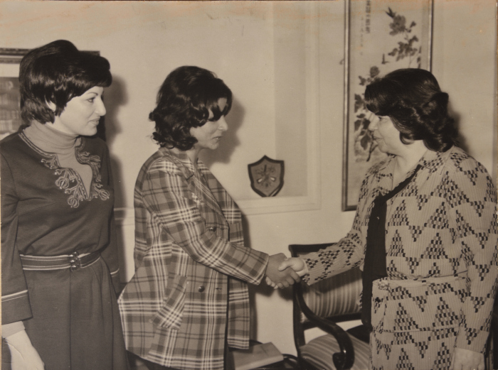 Nehaya Mohammad and May al-Sayegh with the President of the Union of Syrian Women 