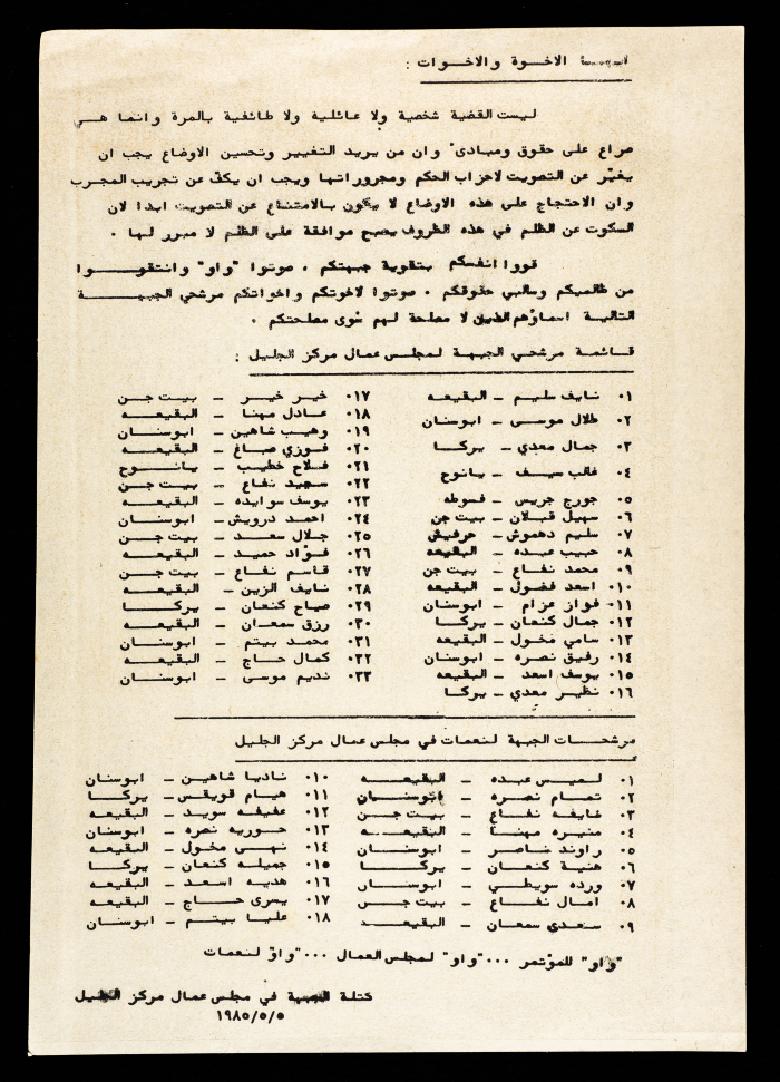 A Letter from the Galilee Workers' Council Front 