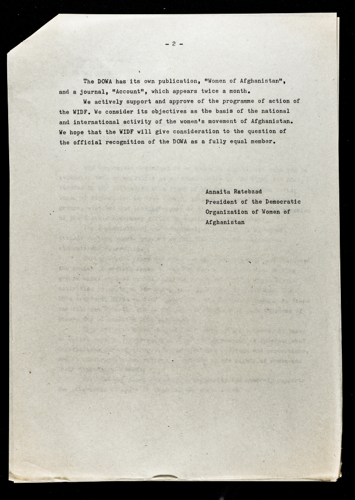 The Application for Admission to the WIDF from the Democratic Organization of Women of Afghanistan