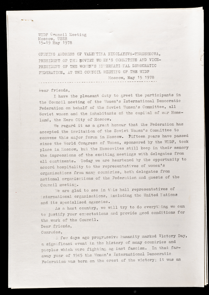 The Opening Address of the President of the Soviet Women's Committee, Valentina Nikolayeva