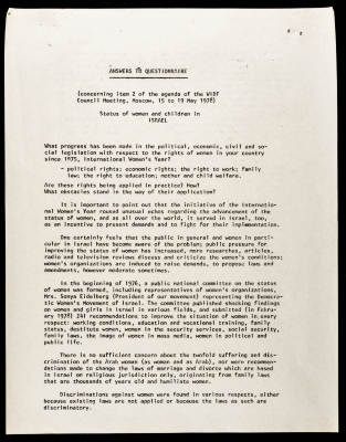 A Report on the "Status of Women and Children in Israel" of the WIDF Council Meeting 