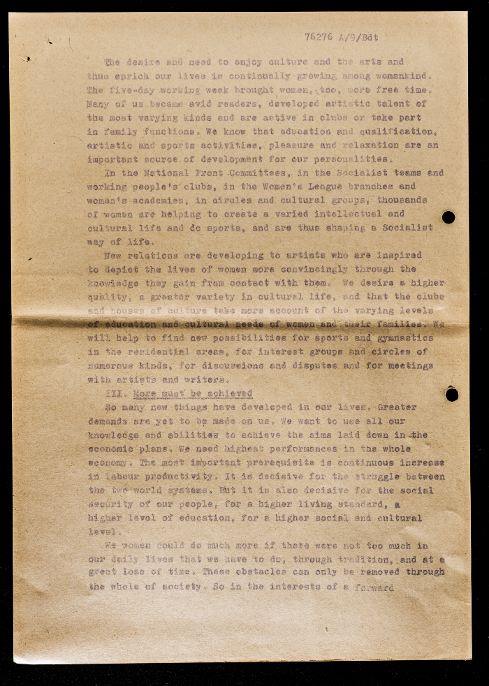 “Woman in the Developed Social System of Socialism”, a Resolution by a German Women’s Body, Circa 1969
