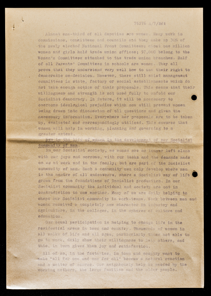 “Woman in the Developed Social System of Socialism”, a Resolution by a German Women’s Body, Circa 1969