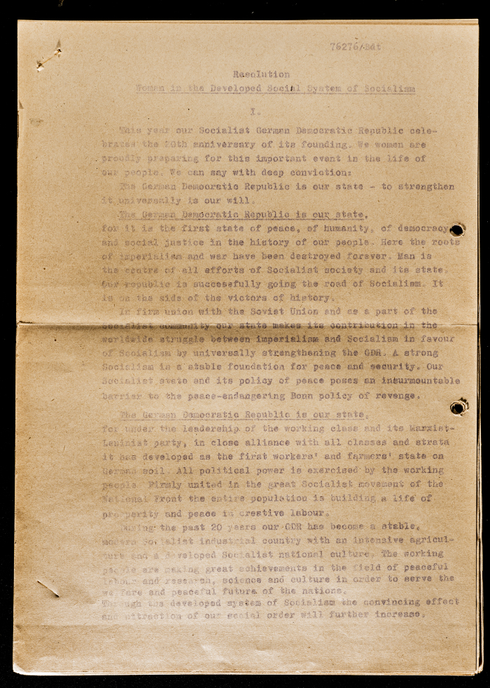 “Woman in the Developed Social System of Socialism”, a Resolution by a German Women’s Body, Circa 1969