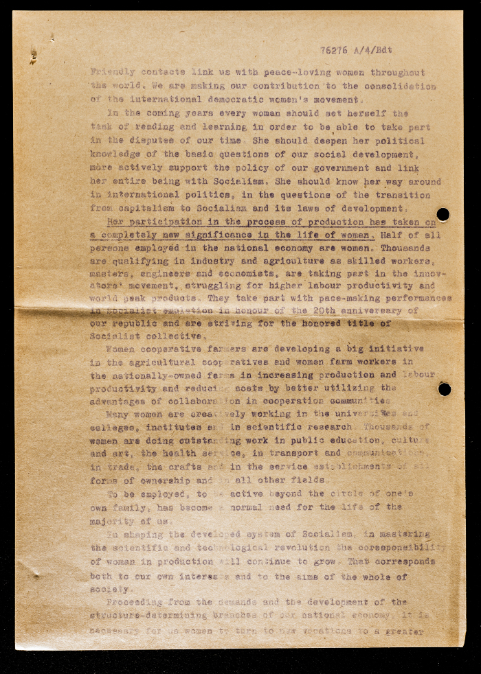 “Woman in the Developed Social System of Socialism”, a Resolution by a German Women’s Body, Circa 1969
