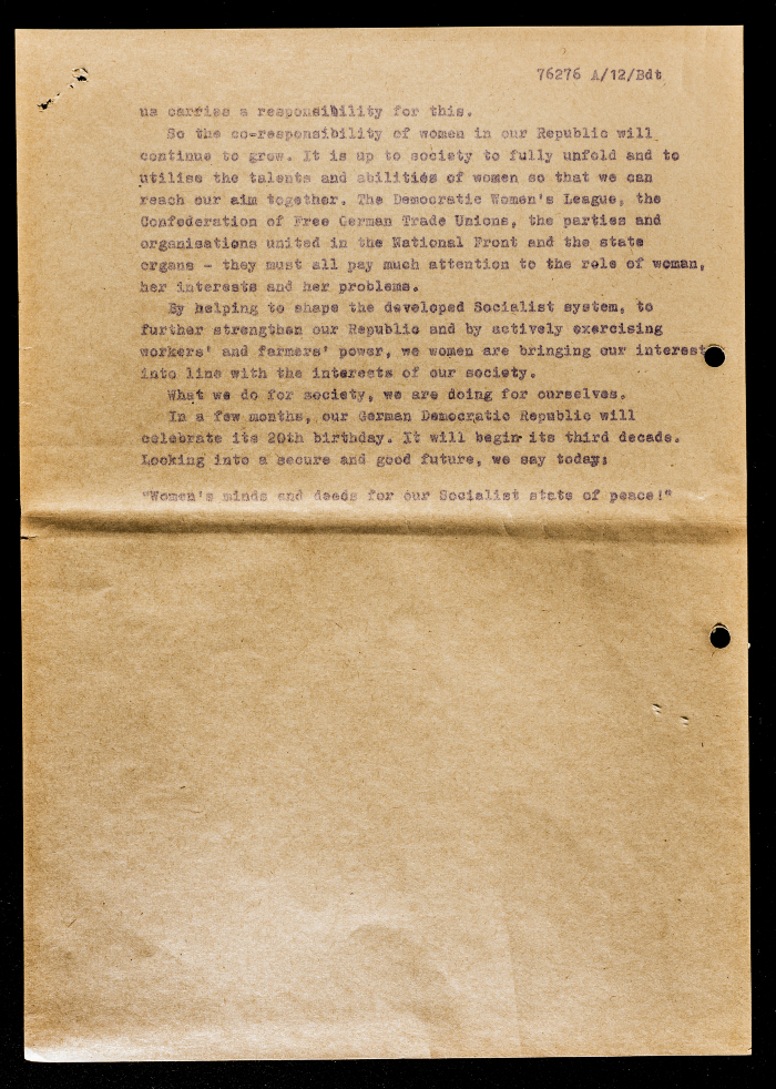 “Woman in the Developed Social System of Socialism”, a Resolution by a German Women’s Body, Circa 1969