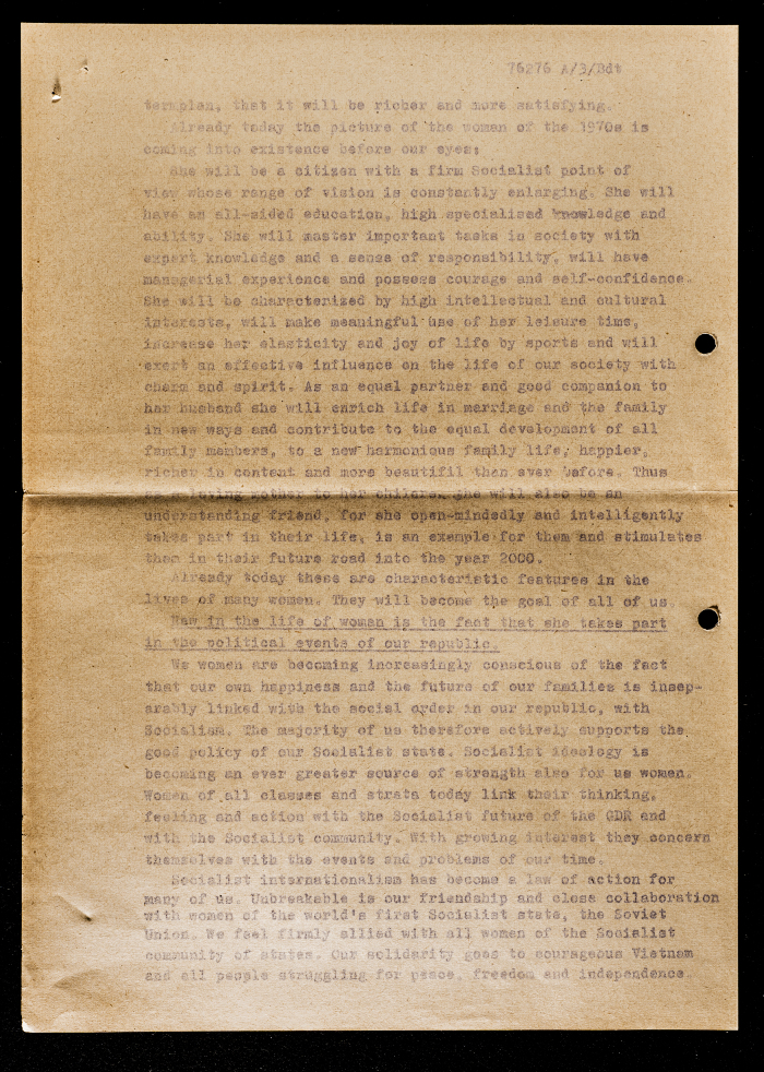 “Woman in the Developed Social System of Socialism”, a Resolution by a German Women’s Body, Circa 1969