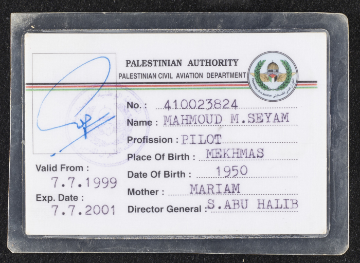 Mahmoud Seyam's Pilot Card Issued by Palestinian Civil Aviation Department