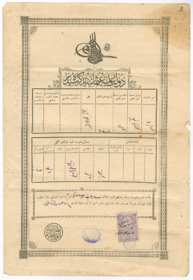 "شهادة ميلاد عثمانية"  لسارة موسى أبو ليل صادرة عن دائرة النفوس في الدولة العثمانية، 10 آب 1905