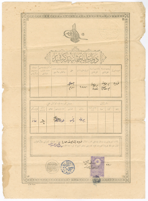 "شهادة ميلاد عثمانية"  لفريدة يوسف صالح صادرة عن دائرة النفوس في الدولة العثمانية، 16 شباط 1909