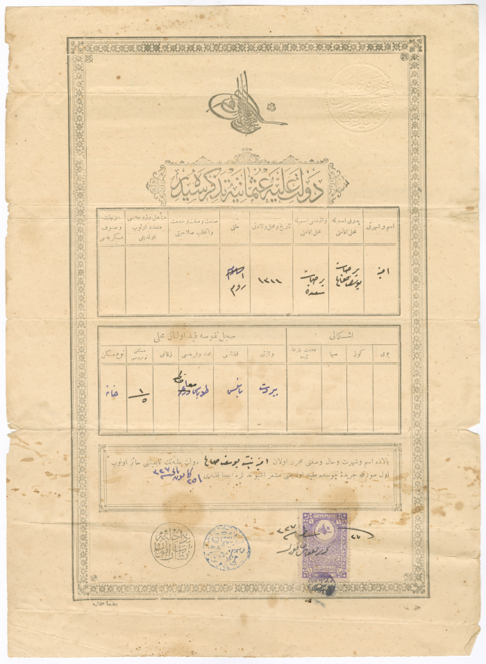 Farideh Yusef Ṣaleh's Ottoman Birth Certificate Issued by the Nablus Civil Status and Registration Office on 10 August 1905 