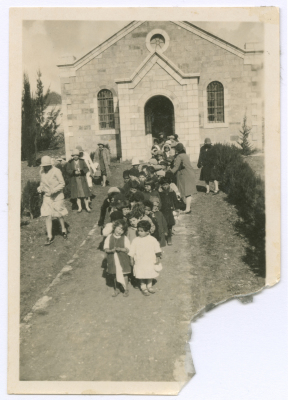 Children at the Friends Church entrance