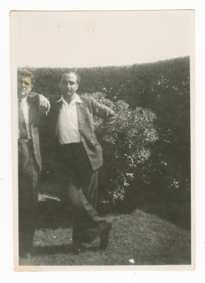 Two men in a garden