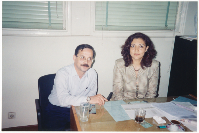 Mohammad Risha talking to the staff of al-Ahram al-Araby Magazine in Cairo