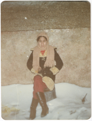 A girl during a blizzard