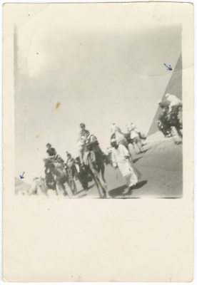 Tourists riding camels by the Pyramids