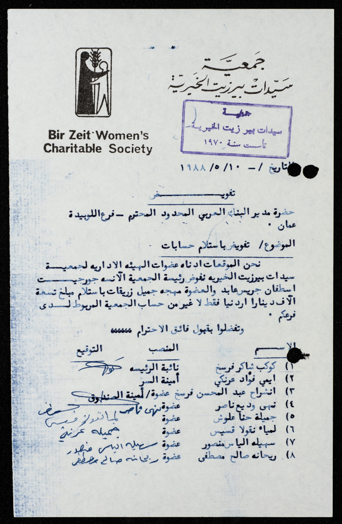 The Birzeit Women Charitable Society Correspondence
