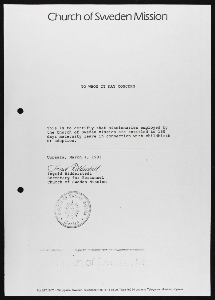 A Letter from the Church of Sweden Mission, 4 March 1991 