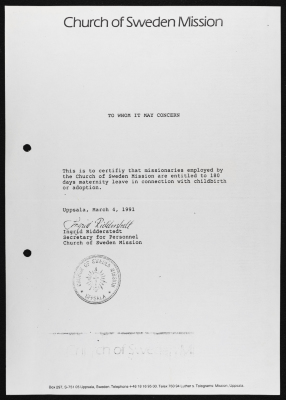 A Letter from the Church of Sweden Mission, 4 March 1991 