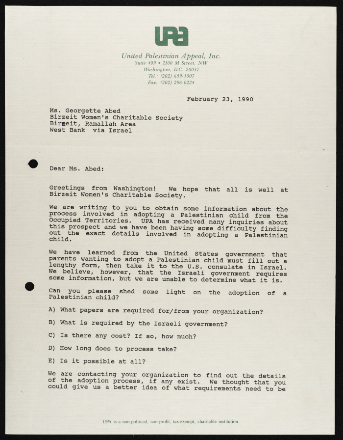 A Letter from the UPA to Birzeit Women Charitable Society, 23 February 1990