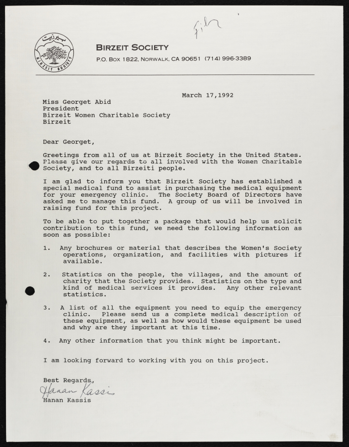 A Letter from Birzeit Society to BWCS, 17 March 1992