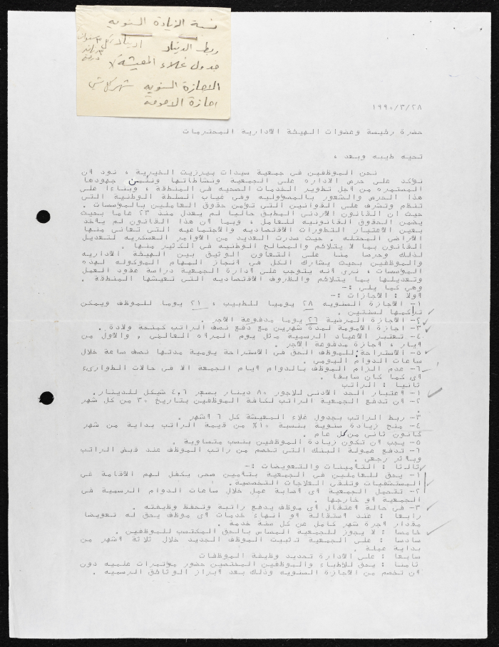 <div>A Letter Addressed to the Chairwoman and Board of Directors at Birzeit Women Charitable Society, 28 March 1990</div>
