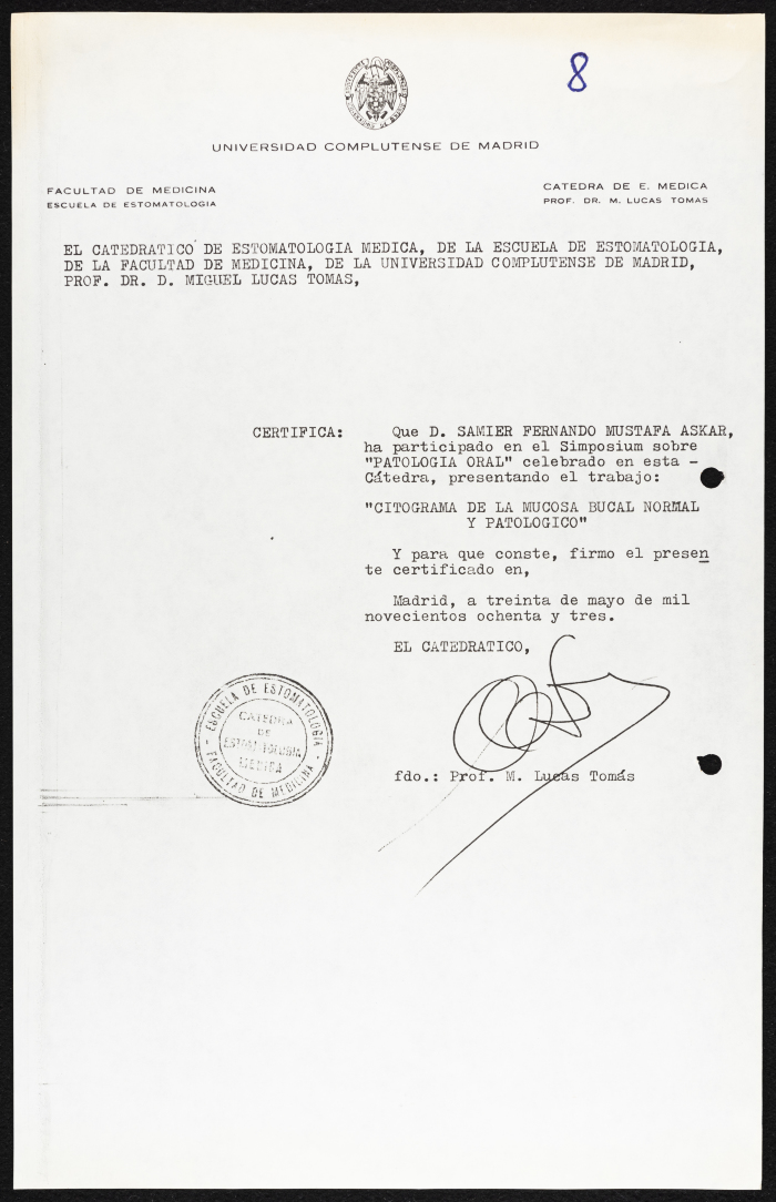 A Certificate of Participation Issued by Complutense University of Madrid to Dr Samir Askar, May 30 1983