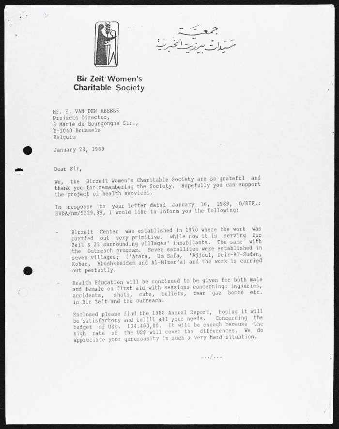 A Letter from Birzeit Women Charitable Society, 28 January 1989 