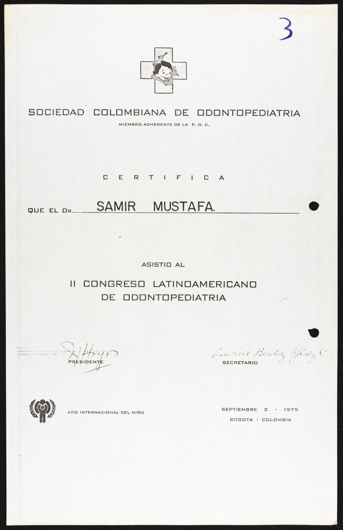 A Certificate of Participation Issued to Dr Samir Askar by the Colombian Society of Pediatric Dentistry, September 2 1979