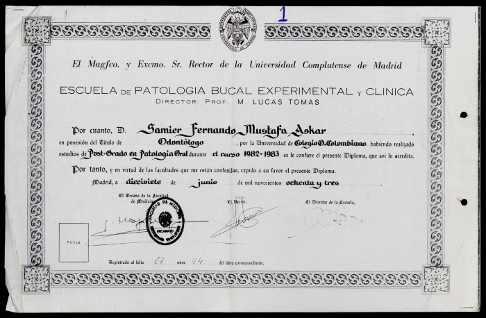 Samir Muṣtafa Askar's Postgraduate Certificate in Oral Pathology Issued by Complutense University of Madrid, June 17 1983