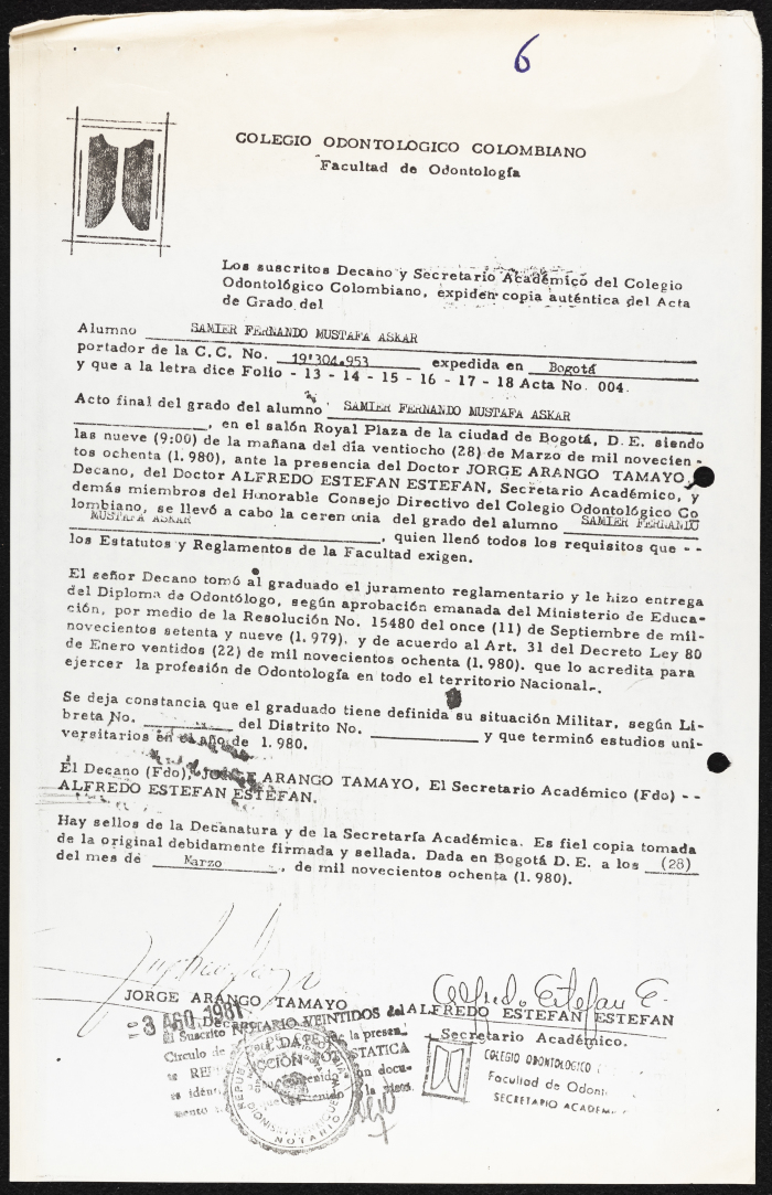 A Certificate Issued to Dr Samir Askar by the Colombian College of Dentistry