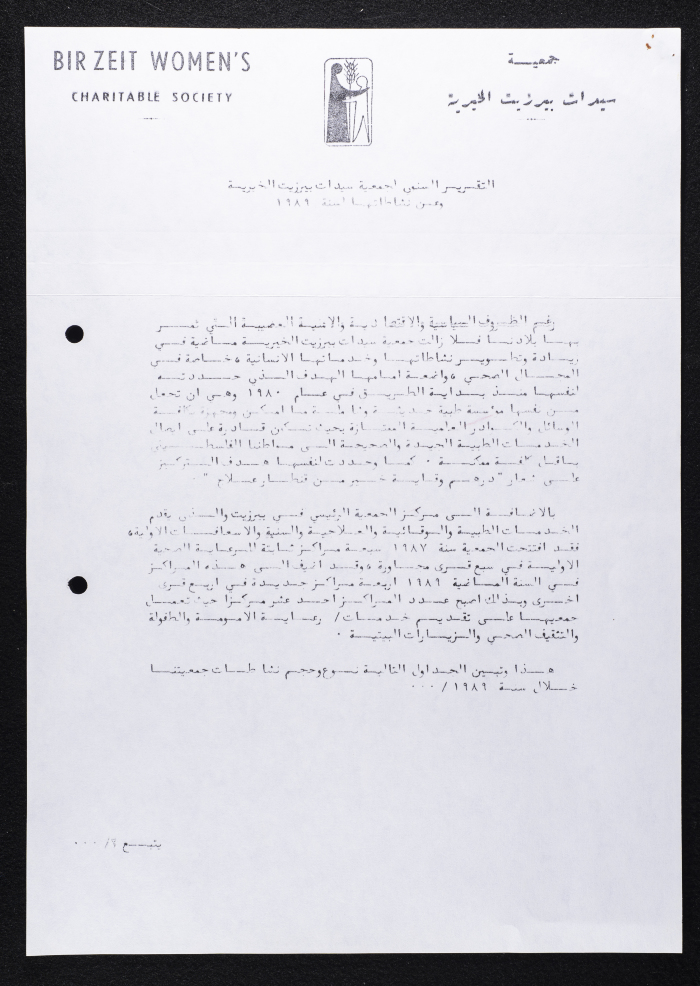 التقرير السنوى عن نشاطات جمعية سيدات بيرزيت الخيرية لعام 1989