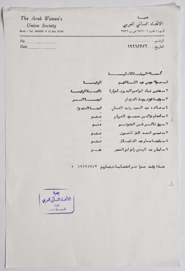 رسالة من جمعية الاتحاد النسائي العربي في البيرة إلى اتحاد الجمعيات الخيرية في القدس تحوي قائمة بأسماء موظفيها وموظفاتها