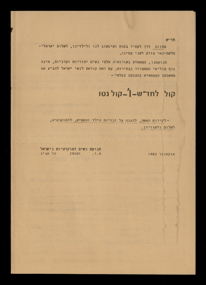 A Campaign Flyer Issued by the Movement of Democratic Women in Israel, 1983