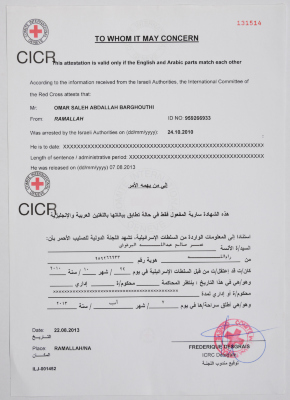 A document proving the detention period of Omar Al Barghouthi