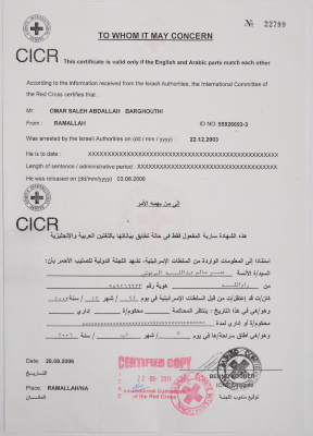 A document proving the detention period of Omar Al Barghouthi