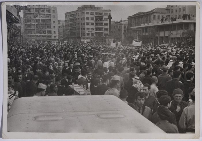 A photo for a crowd of protesters in one of the demonstrations in Damascus against The Central Treaty Organization (CENTO) or Baghdad Pact