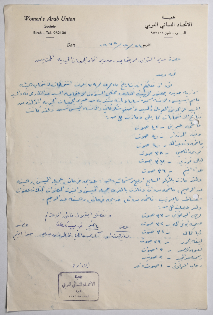 رسالة من جمعية الاتحاد النسائي العربي في البيرة إلى مدير الشؤون الاجتماعية ومدير اتحاد الجمعيات الخيرية بخصوص نتائج انتخاب هيئة ادارية جديدة
