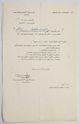 Letter from the Civil Administration of the Israeli occupation to the Association of the Arab Women Union in Al-Bireh regarding the 1990 annual report and the budget sheet 1990