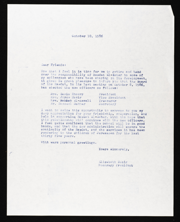 A Letter from Elizabeth Naser in Which She Assigns a Staff for Rawdat el-Zuhur Upon Her Retirement 