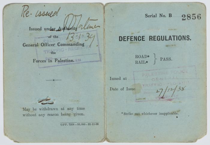 رخصة قيادة سيارة لعبد الرحمن العلمي، القدس، 27 كانون الأول 1938