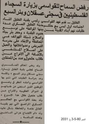 Qawasmi Denied Visits to Palestinian Prisoners in Askalan and Bir al-Sabi Prisons 