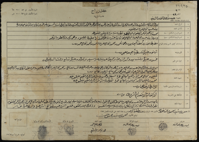 عقد زواج محمود إبراهيم الجلغوم ووسيلة حسن الحاج حرب عام 1935